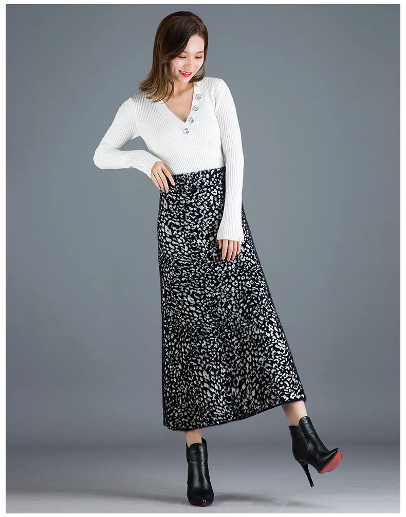 Женская эластичная леопардовая трикотажная длинная юбка с высокой талией на осень и зиму, элегантные женские Облегающие юбки-карандаш из искусственной норки