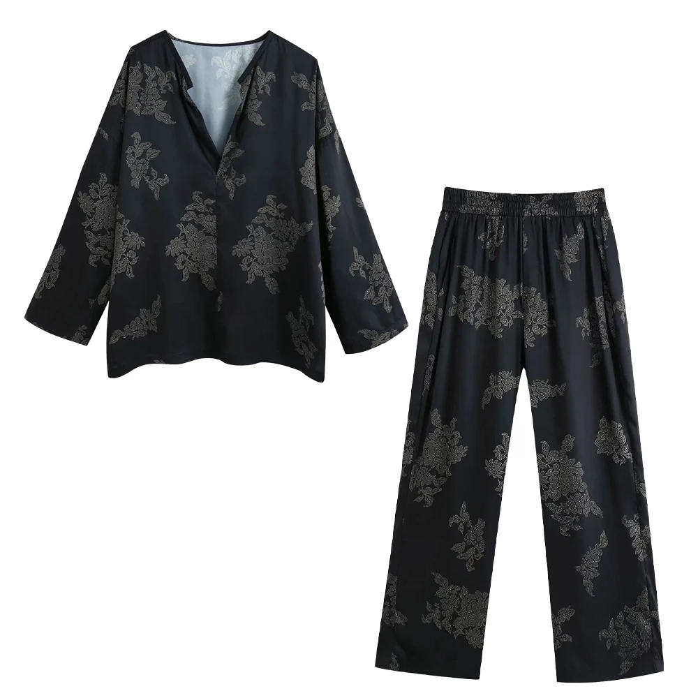 2020 New Women Two Piece Set Printed Loose style Long sleeves V-neck Blouse & Pants Trousers Elastic Waistband 2020 New Women Two Piece Set Printed Loose style Long sleeves V-neck Blouse & Pants Trousers Elastic Waistband