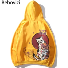 Bebovisi японский хип хоп уличный стиль тату Кот печати с капюшоном Harajuku толстовки пуловер уличная Мужская Желтые толстовки