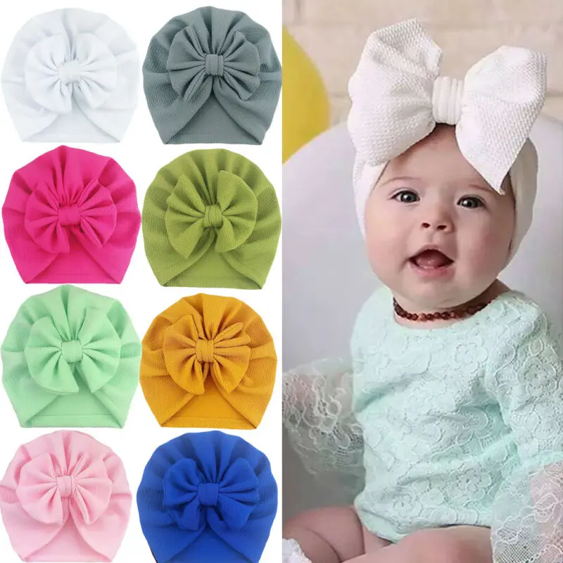 Baby Cotton Big Bow Turban Beanie Girls Headband Soft Kids Hat Headscarf Caps 