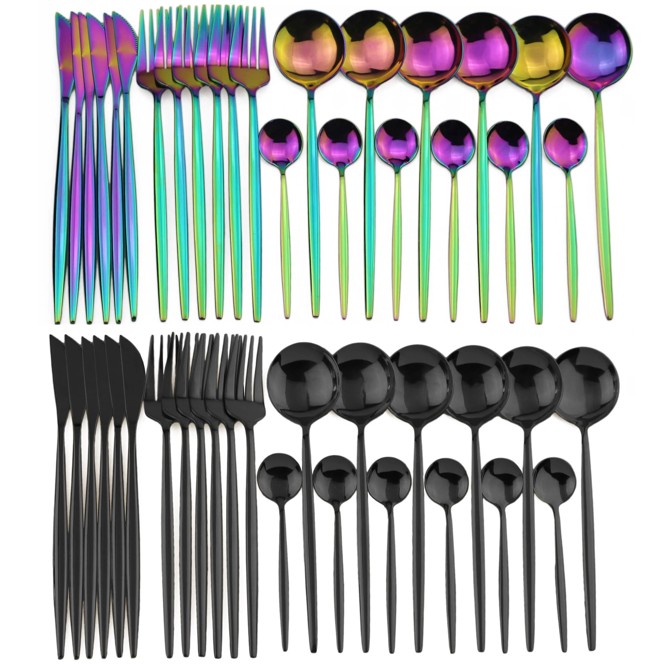 

24pcs Rainbow Dinnerware Set Black Cutlery Set 18/10 Stainless Steel Flatware Set Knife Fork Spoon Tableware Set Silverware Set