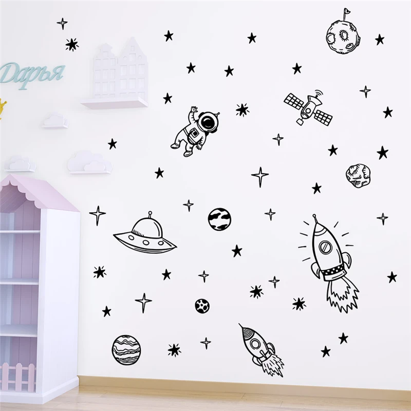 Наклейки на стену с мультяшными ракетами, кораблями, космонавтами для детской комнаты, детской комнаты, аксессуары для домашнего декора, виниловые наклейки на стены, сделай сам, Фреска, искусство