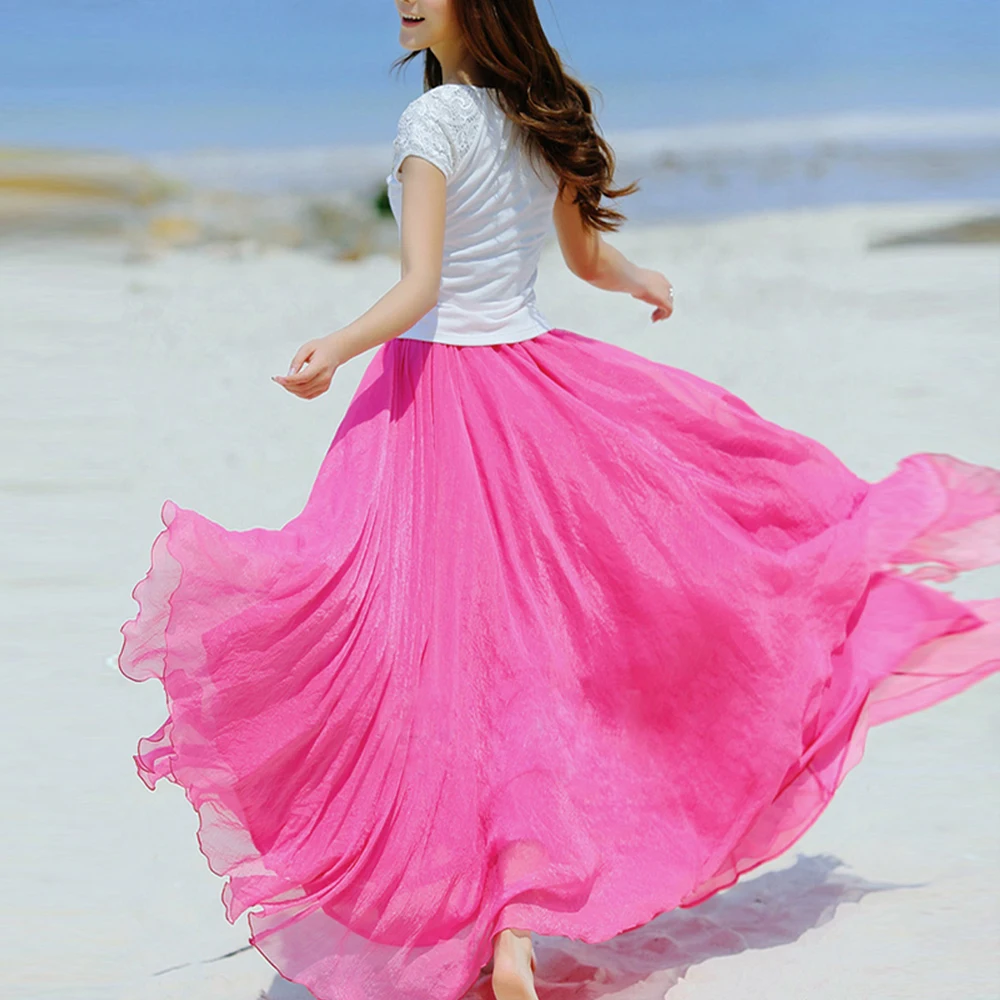 

Spring Summer Chiffon Boho Women Goddess Elegant Cool Skirt Loose Women's Elastic High Waist Ladies A-line 8 Colors Long Skirts