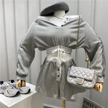 

2020 Gray Round Neck Long Sleeve Short Sweater Girdle Elastic High Waist Shorts Woman Suit Casual Fashion Autumn New TZ374
