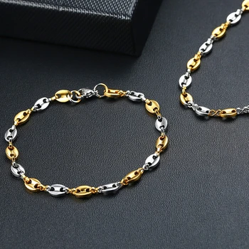 

5MM Female Rock Stainless Steel Gold Silver Color Coffee Beans Link Chain Bracelet Necklace Jewelry Set