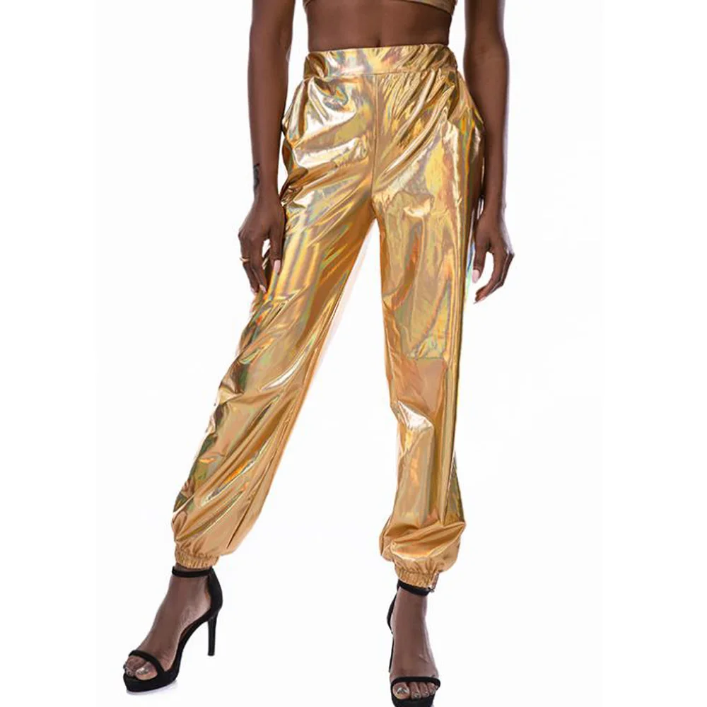 

Hologram Laser Trouser Shiny Metal Leather Gold Elastic Waist Streetwear Hip Hop Jogger Track Pants 2019 Harajuku Harem Pants