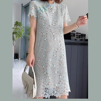 

Lace Crochet Embroideried Womens Dress Short Sleeve Cheongsam Chinese Style Lady O-neck Short Dresses 2020 New