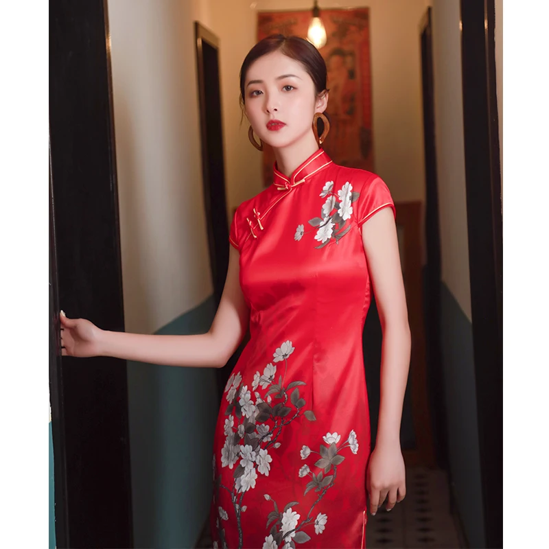 Китайская леди традиционный Qipao высокий разрез пикантное вечернее платье с цветочным принтом сценическое шоу длинный чонсам