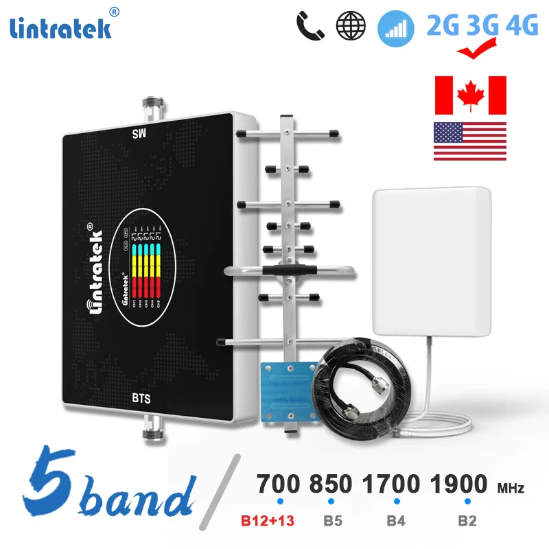 

Lintratek 5-Band Cellular Amplifier LTE B12 B13 700 CDMA 850 2G 3G 4G Signal Booster AWS 1700 PCS 1900 Mobile Phone Repeater