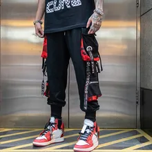 

Hip Hop Joggers Men Letter Ribbons Cargo Pants Pockets Track Tactical Casual Techwear Male Trousers Sweatpants Sport Streetwear