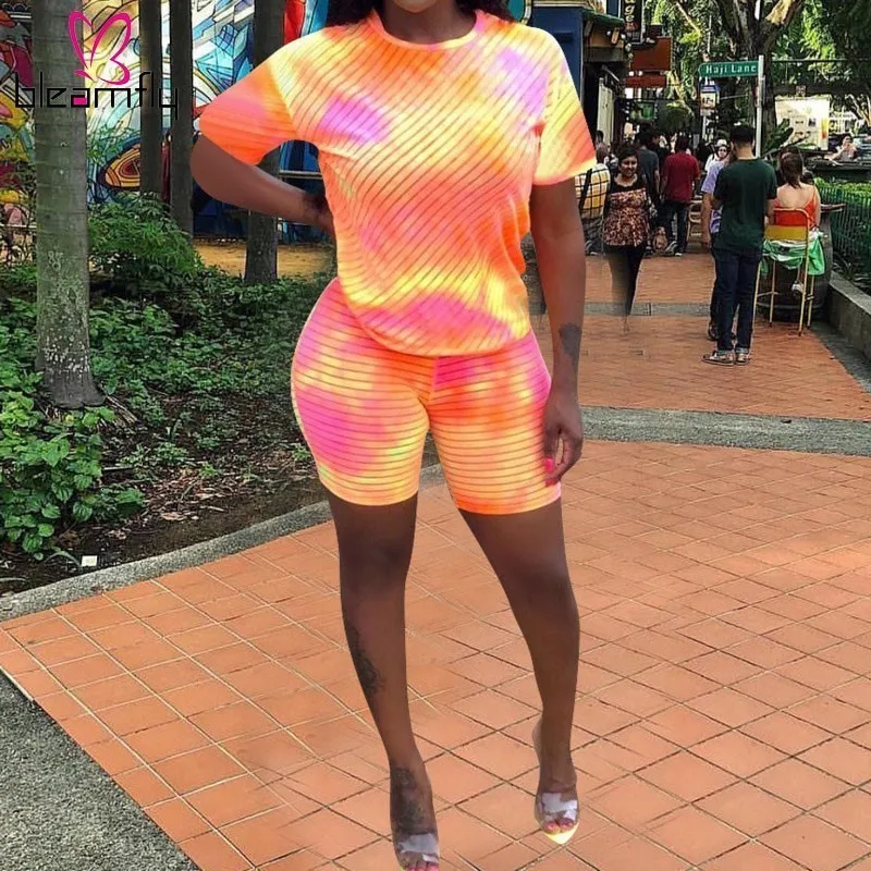 

Tie Dye Two Piece Set for Women Summer Short Sleeve Tshirt Tops and High Waist Shorts Casual Striped Sporting Streetwear Outfits