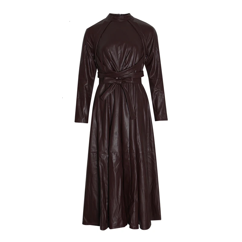 wine red TWOTWINSTYLE Платье из искусственной кожи для женщин со стоячим воротником и длинным рукавом с высокой талией на шнуровке миди платья для женщин модная одежда Новинка - Цвет: wine red