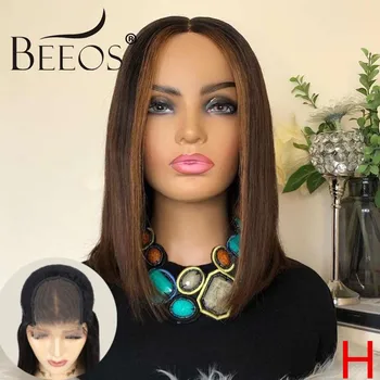 

Beeos 180% 4*4 Closure Lace Wigs Brown Highlight Color Short Straight Bob Brazilian Remy Human Hair With Baby Hair Pre Plucked