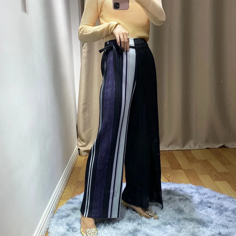 

MIYAKE pleated pants spring new fashion all-around striped color matching straight bobbin pant lace up thin skirt-pants women
