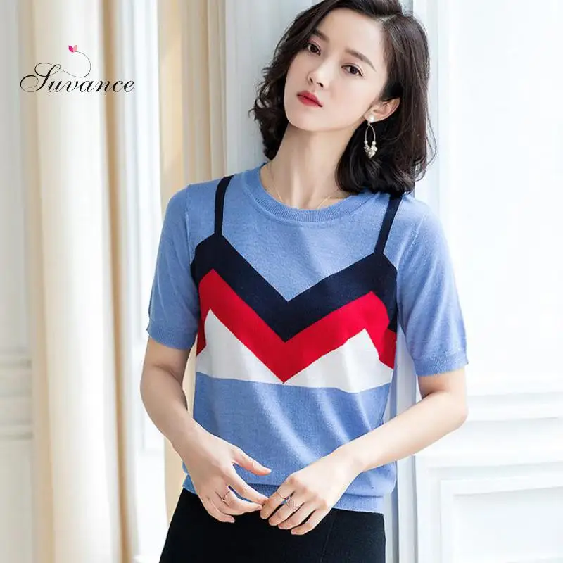 

2019 Summer Autumn Office Lady Knitted O Neck 2 Color Pullover Fashion Patchwork Short Sleeve Size S-xl Women Sweater Jl-aym1912