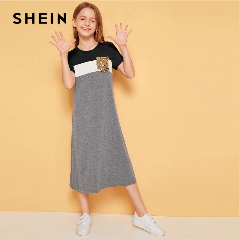 SHEIN/длинное платье-туника с блестками и карманами для девочек; коллекция года; сезон лето; детская повседневная футболка с короткими рукавами