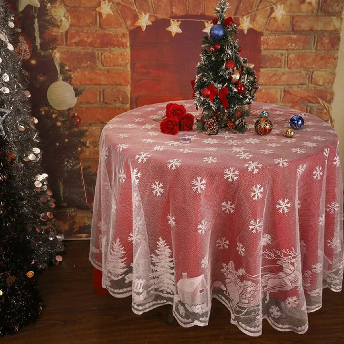 Christmas Deer Tree lace Table Cloth Cover White Vintage Lace Tablecloth Home Party Xmas Decor | Дом и сад