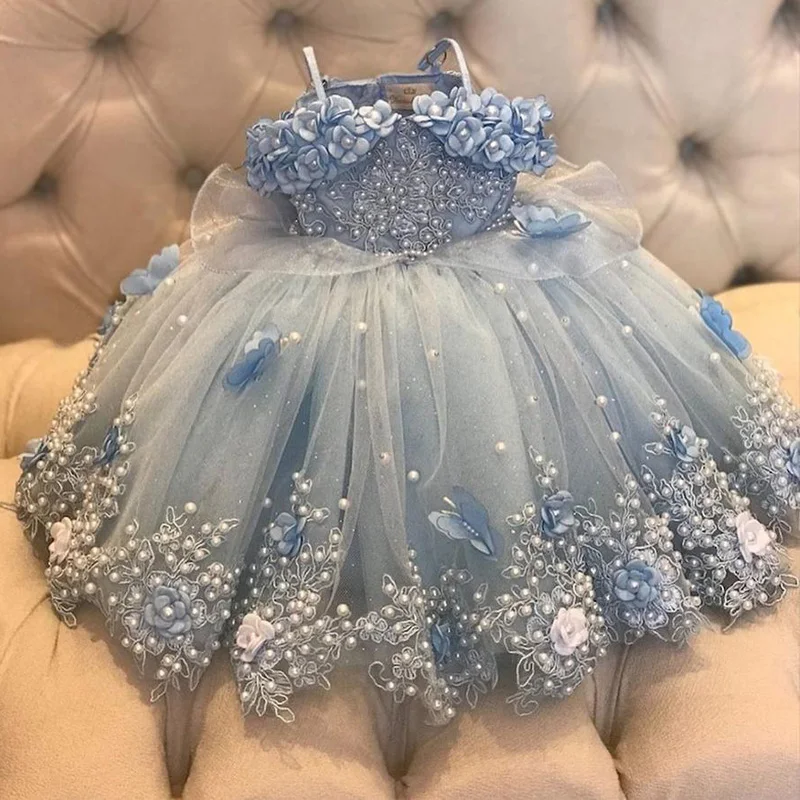 Light Sky Blue Pearls Flower Girl Dresses For Wedding Party Ball Gowns Floor Length Tulle First Communion Dress
