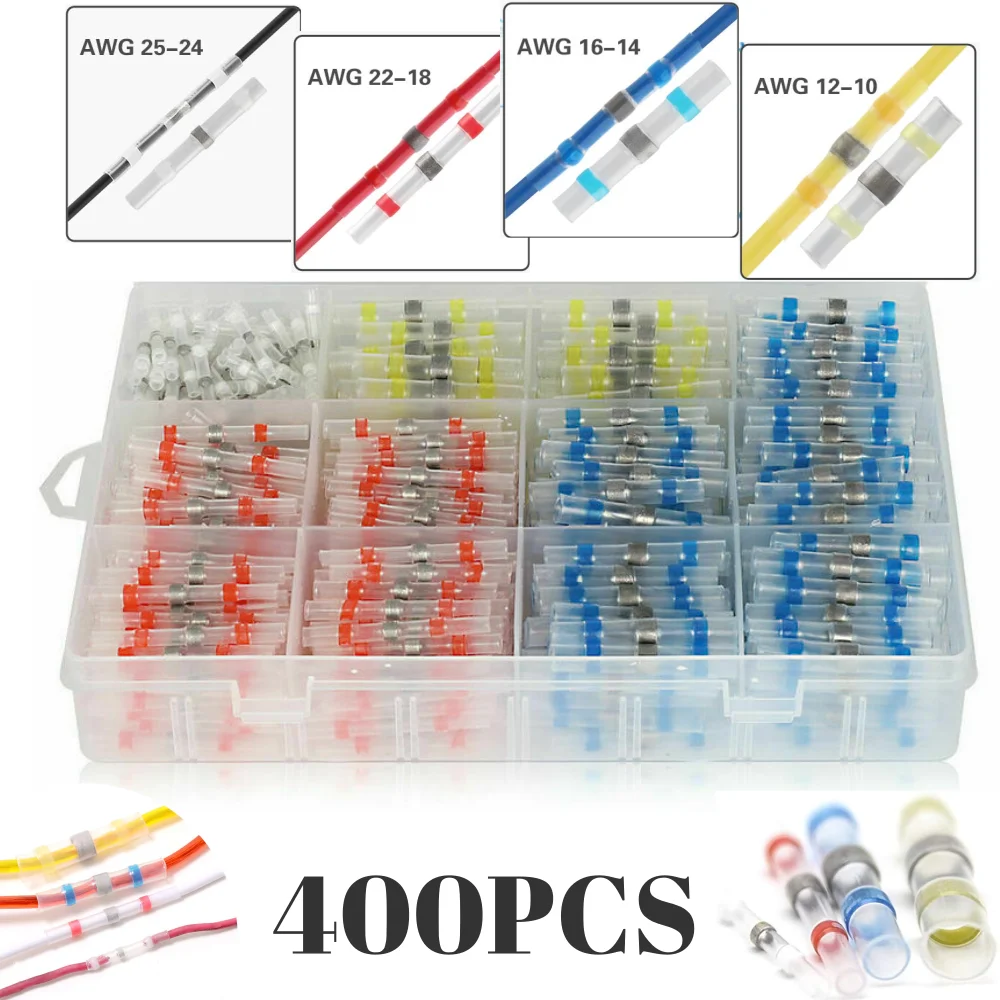 

400PCS Waterproof Heat Shrink Tube Solder Sleeve Tubing Electrical Wire Butt Connectors Cable Splice Terminals Kit Assortment