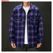 Дропшиппинг японская мода повседневные пальто мужские уличные мешковатые карманные Топы осенние полосатые клетчатые свободные рубашки