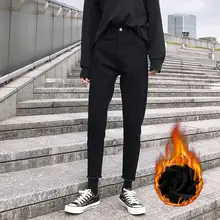 Винтажные меховые теплые зимние джинсы с высокой талией женские черные узкие обтягивающие джинсы бойфренд гарем эластичные джинсовые штаны