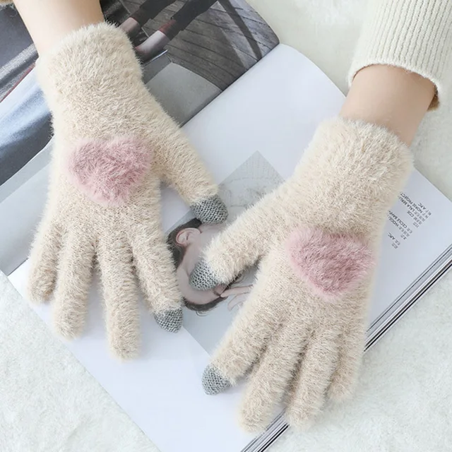 Korean Women Rabbit Fur Knit Mittens Winter Warm Outdoor Sport Cycling Plush Thick Cute Heart Touch screen Driving Gloves I3 2