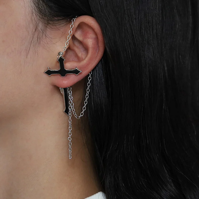 2021 New Fashion Tassel Chain Ear Cuff Imitation Cross Earrings For Women Punk Style Ear Cuff Earrings Female Jewelry