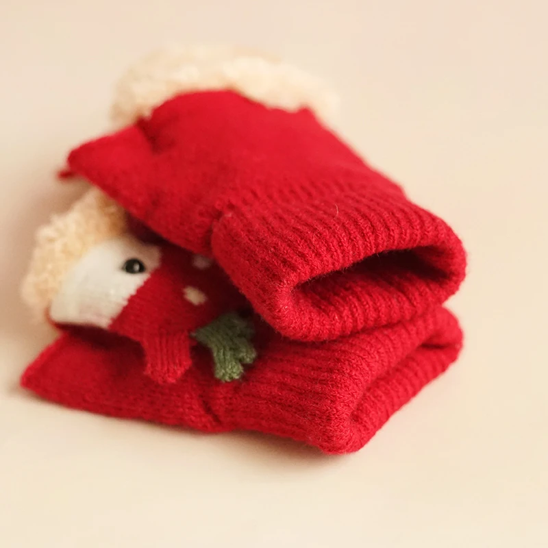 Children Winter Gloves Christmas Cute Cartoon Elk Flip Half-Finger Mittens For Girl Boy Kids Warm Plush Lined Fingerless Gloves