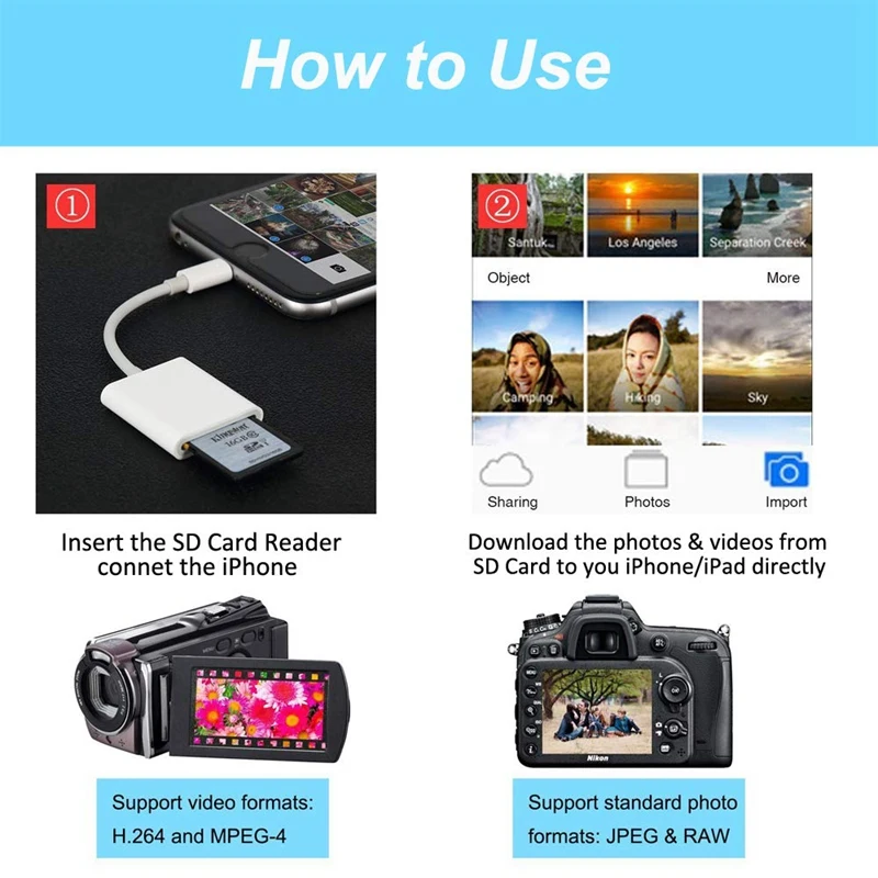 ABKT-TF& SD Card Reader Dual Slot Camera Reader Adapter Game Camera Viewer Compatible for Xs/Xs Max/8 Plus/8/7 Plus/7 an