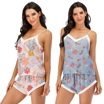 

Pajamas Set Womens Sexy 2PCS Night Suits V-Neck Sleepsuit Nightshirts Sleeveless Sling Pyjamas