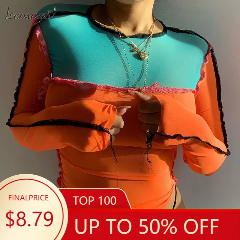 

Contrast Color Patchwork Long-sleeve T-shirt Women 2020 Autumn Street Casual Wear Cool Mesh Top Basic Punk Top Tee Female