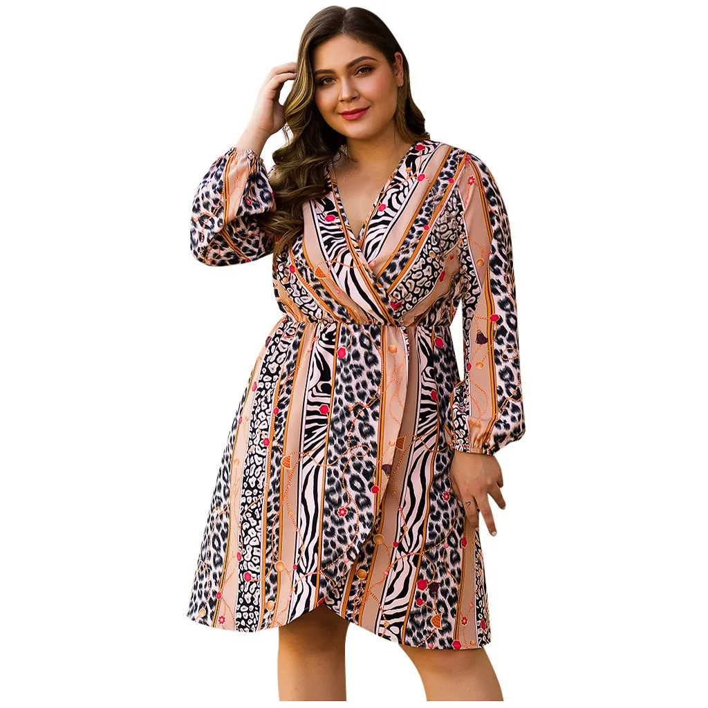 

Women Lantern Sleeve Print Dress Long Sleeve V-Neck Dress Sashes Dresses Elegant Loose Dresses Vestidos Plus Size 4XL#LR3
