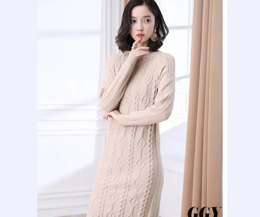 Осень-зима, женское платье-свитер с воротником-хомутом, однотонное плотное теплое вязаное платье