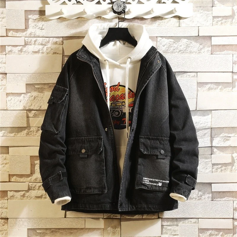 

Мужская джинсовая куртка в стиле Харадзюку, свободная повседневная куртка-карго с длинным рукавом и карманами, винтажная верхняя одежда с принтом, весна-осень