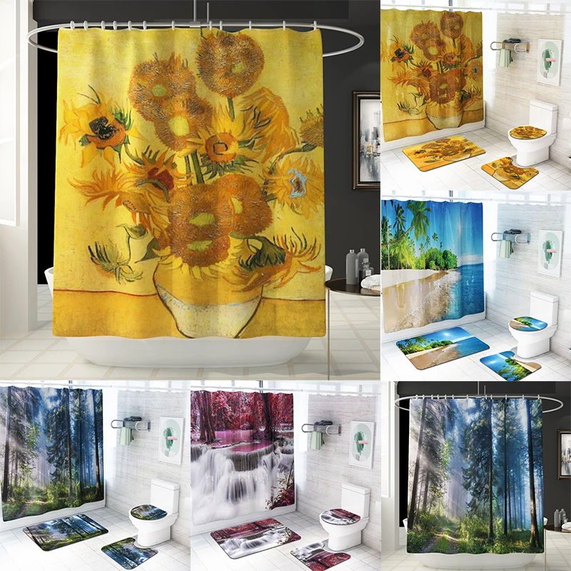 

4Pcs Sunflower Beach Forest Waterproof Bathroom Shower Curtain Toilet Cover Mat Non-Slip Floor Rug Bathroom Set with Hooks DW067