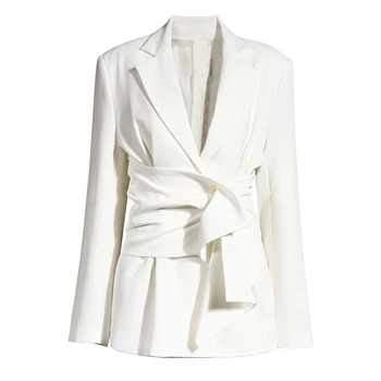 

Women White Knot Split Joint Irregular Blazer New Lapel Long Sleeve Loose Fit Jacket Fashion Spring Autumn 2020 1X343