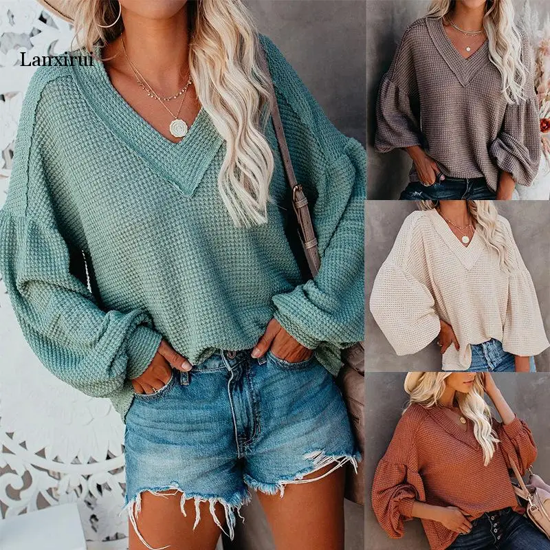 

V-Neck T Shirt Women's 2020 Autumn Winter Sexy Knit Wear Female Casual Loose Solid Lantern Long Sleeve Basic Tops