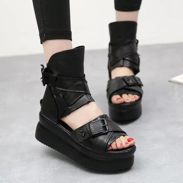 

Wedges Shoes For Women 2020 Sandale Femme Summer Roman Fish Mouth Shoes Thick Bottom Cake Rivet Wedge Sandals Sandalias Mujer