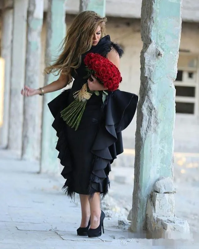 Robe de soiree, Черное вечернее платье с высоким воротом и перьями, вечернее платье с оборками длиной до середины икры, вечернее платье на выпускной, Vestido De Novia