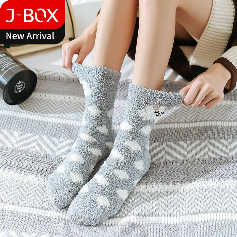 J-BOX, 5 пар/партия, женские носки, милые, плюшевые, утепленные, согревающие, чулочно-носочные изделия, забавные, с вышивкой в виде животных, носки-тапочки, рождественские подарки