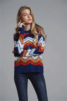 

Autumn and winter new sweater round neck pullover striped rainbow sweater female