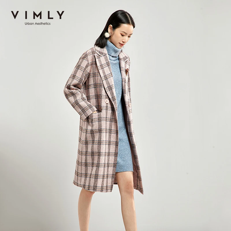 Vimly 2020 зимнее женское пальто клетчатое шерстяное Элегантная Брошь на лацкан