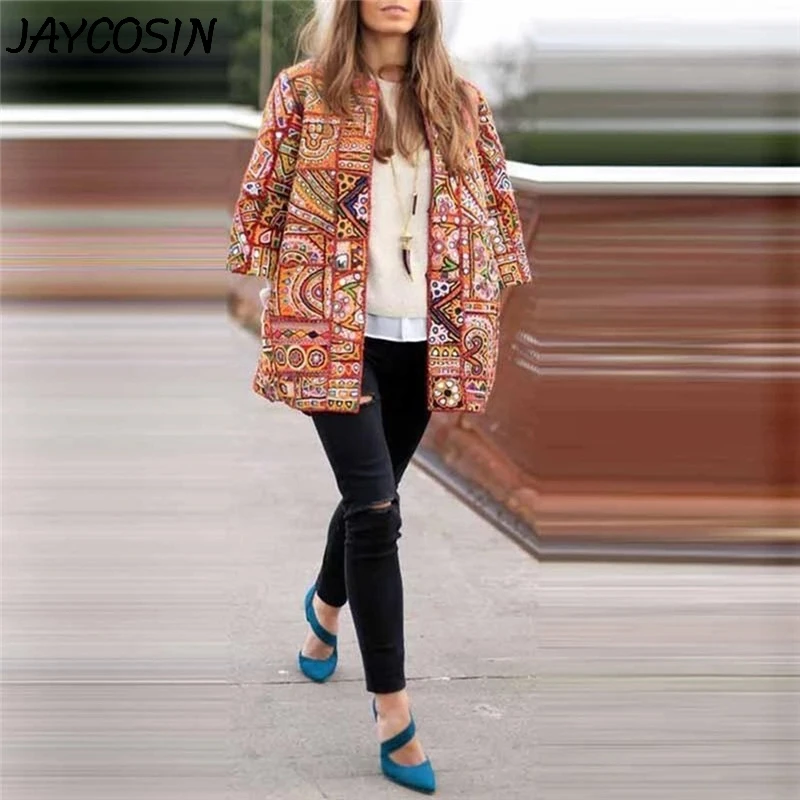 JAYCOSIN Женское пальто с открытой передней частью, винтажное пальто-кардиган с принтом, 3/4 рукав, уличная одежда, темпераментное пальто, верхняя одежда, casaco feminino