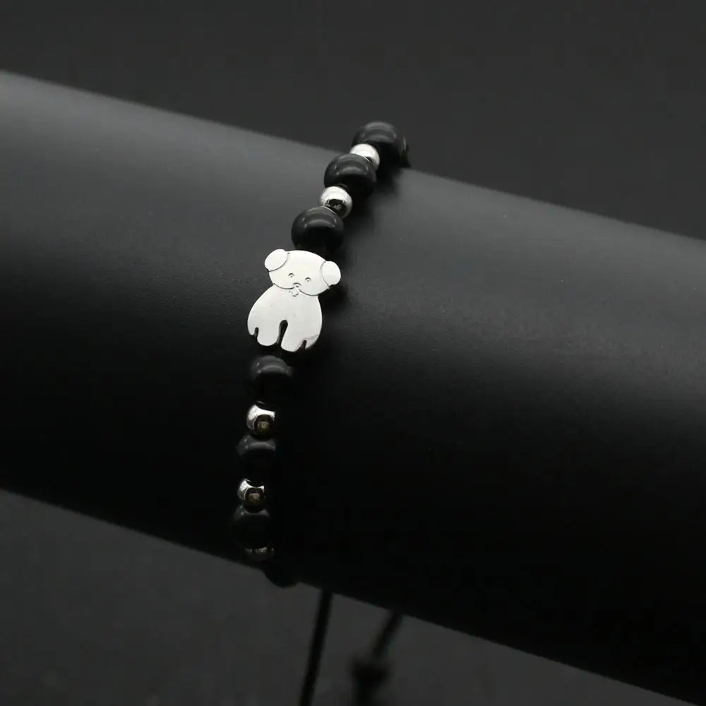 Black and Silver Милые Браслеты из нержавеющей стали с медведем для мужчин и женщин натуральный камень ручной работы бисерная нить тесьма браслет дружбы пара ювелирных изделий - Окраска металла: Black and Silver