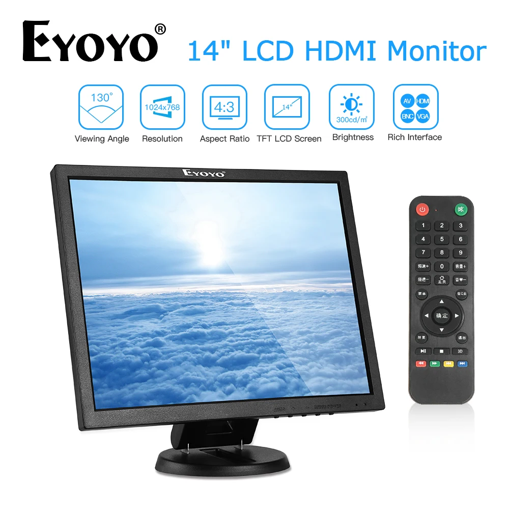 EYOYO EM14A 14 дюймов 4:3 TFT BNC HDMI ПК монитор 1024x768 ЖК экран VGA AV Компьютер ТВ дисплей для CC TV