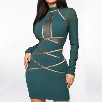 

OUSHANG sexy tight dress female 2020 spring stand collar perspective long sleeve high waist striped bag hip women