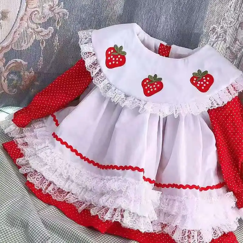 Осенне-зимнее От 0 до 6 лет из 2 предметов для маленьких девочек, Испанское Красное платье с длинными рукавами и бантом для клубники красивое стильное платье принцессы трапециевидной формы для девочек
