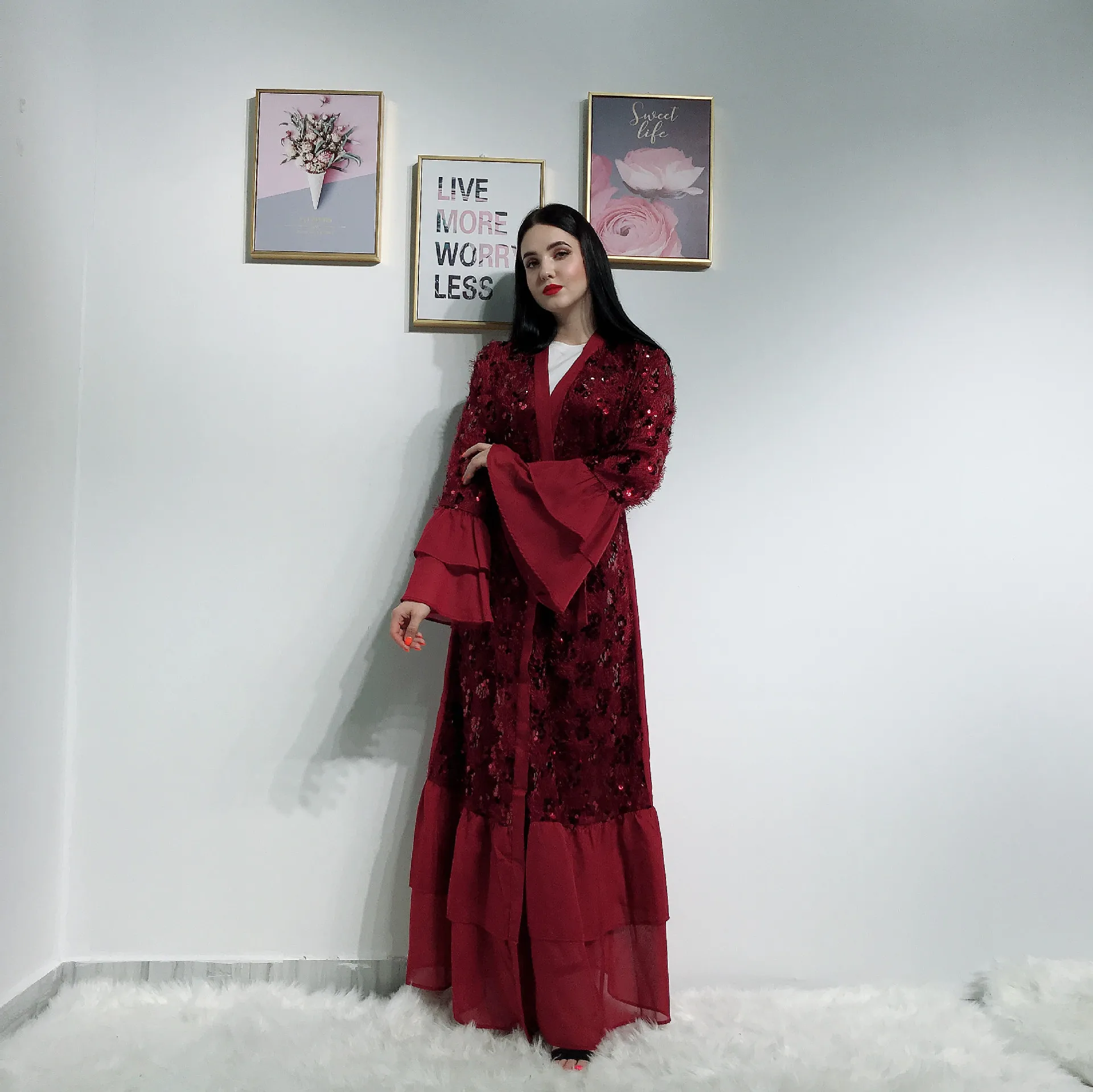Elegnat мусульманские блестки abaya с расклешенными рукавами макси длинное платье, Роба платья кимоно Рамадан Eid Исламская, молитвенная одежда поклонение Jilbab