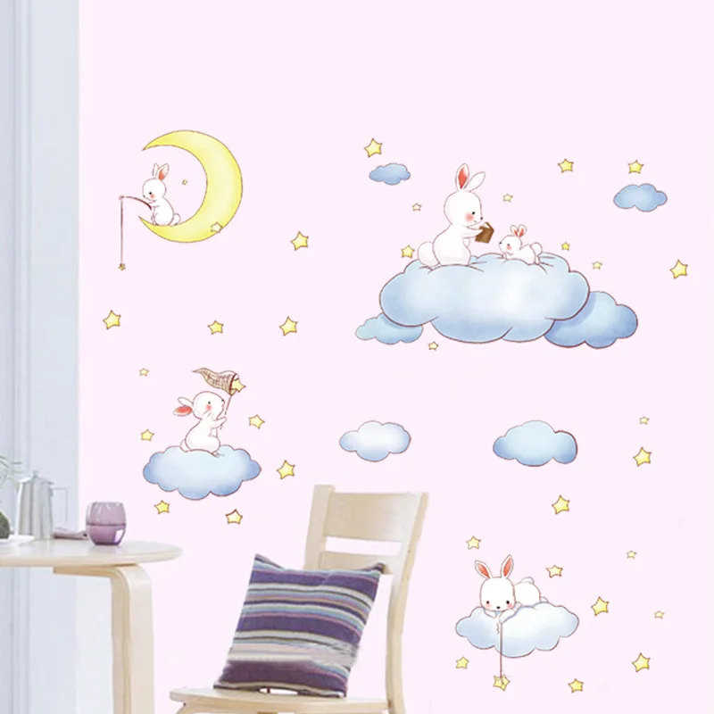 Мультфильм Облако Кролик Луна Настенная Наклейка для детской комнаты девочка принцесса спальня украшения настенные наклейки для детского сада для детской комнаты