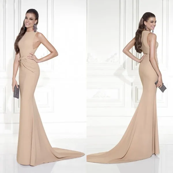

2020 Elegant Sheath Formal Evening gown With Stain Sleeveless Crew Neck Chapel Train Vestidos mother of the bride dresses
